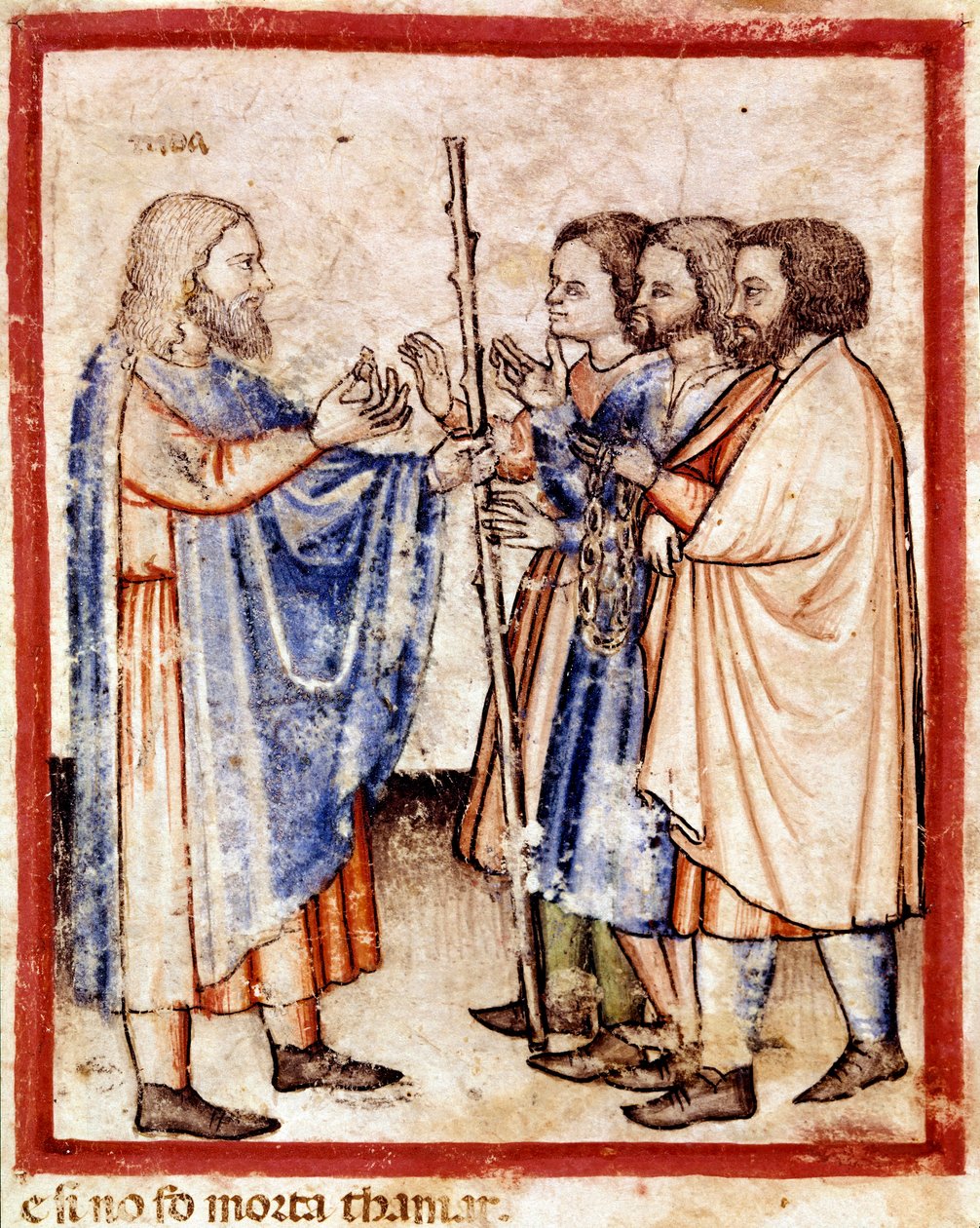 Tamar esittelee Juudalle vakuudeksi jättämänsä sinetin, narun ja kepin, pienoismallin koodeksista 212 (tai padovano-koodeksista tai Padovan Raamatusta) 1390-1400 (vellum) tekijältä Unknown artist