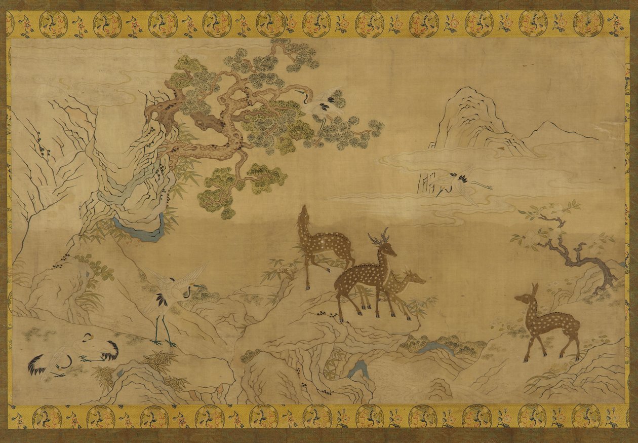 Kuvakudos: maisema peuroja, haikaroita, mäntyjä ja persikkapuuta tekijältä Unknown artist