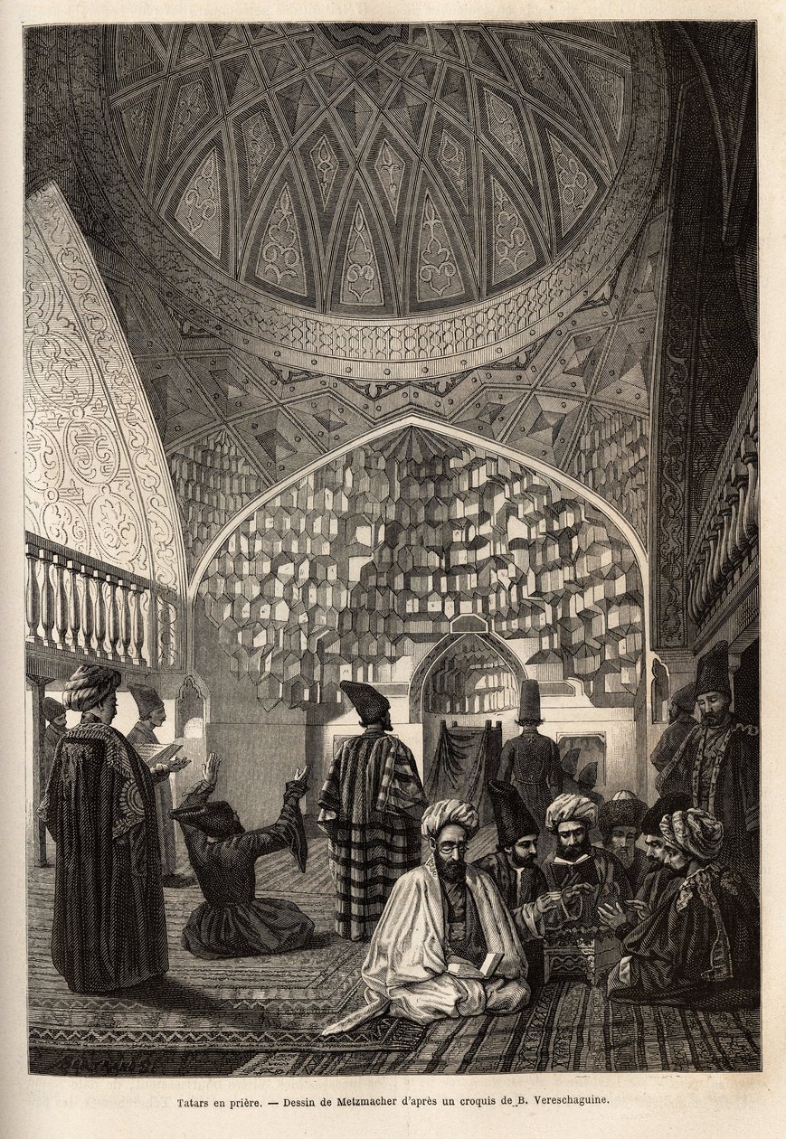 Tataarit rukouksessa Schushan moskeijassa (Transkaukasia, Venäjä). Kaiverrus havainnollistamaan matkaa Kaukasuksen maakunnissa, Basile Vereschaguine, 1864-1865, julkaistu "" le tour du monde" -lehdessä, D