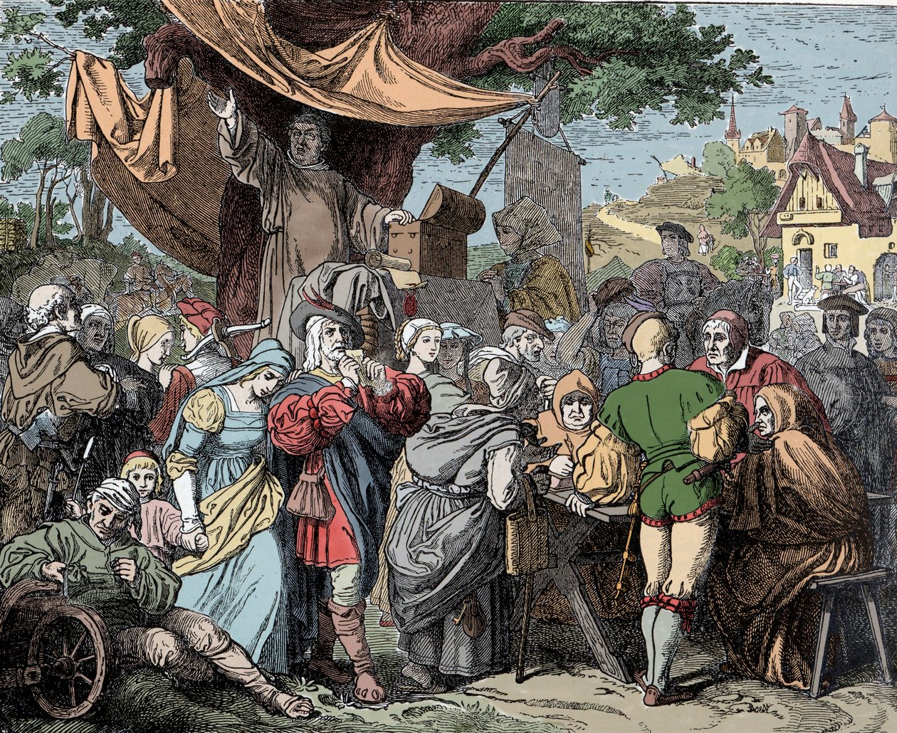 Tetzel myy alennuksia - Johann Tetzel (1465-1519), saksalainen dominikaaninen pappi, myy alennuksia Pietarinkirkon rakentamiseen Roomaan, noin 1515 tekijältä Unknown artist