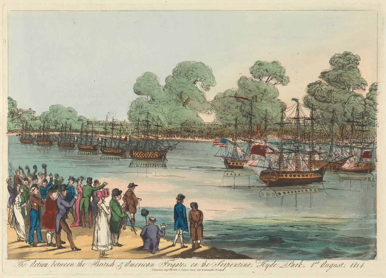 Toiminta brittiläisten ja amerikkalaisten fregattien välillä serpentiinillä, Hyde Park 1. elokuuta 1814 tekijältä Unknown artist