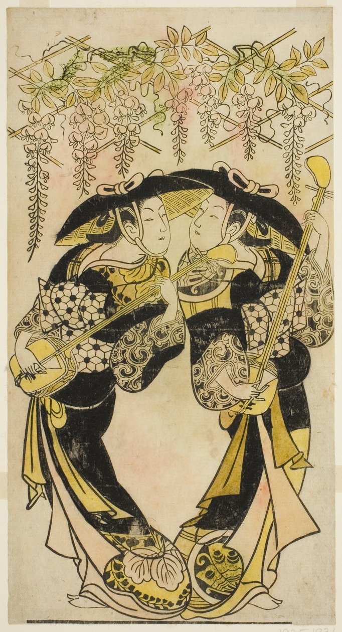 Näyttelijät Sanjo Kantaro (oikealla) ja Fujimura Handayu (vasemmalla) muusikkoina soittamassa wisterian alla. tekijältä Unknown artist