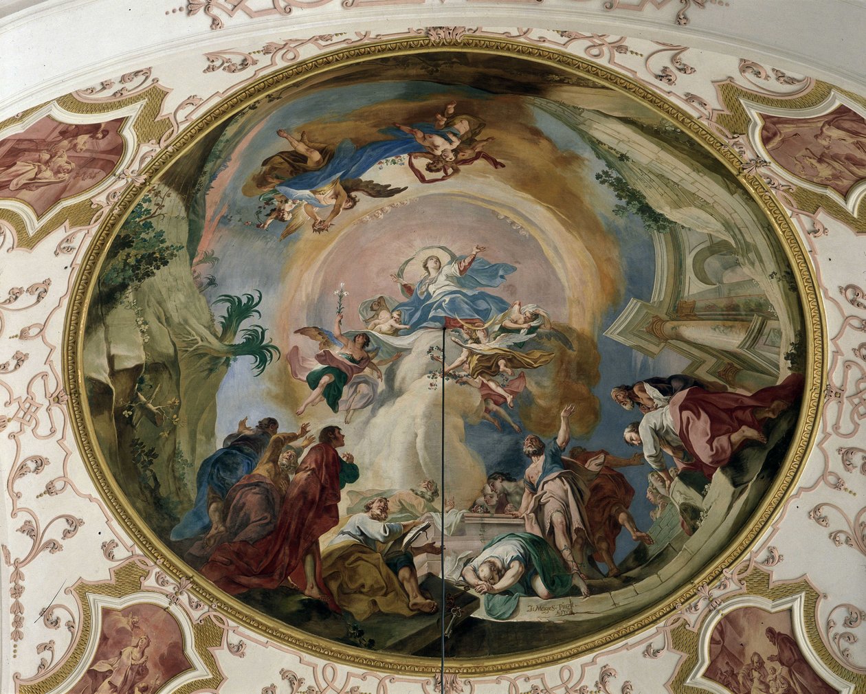 Neitsyt taivaaseenastuminen. Fresco of the Vault, Abbey Church of Ebersmunster, Alsace. tekijältä Unknown artist