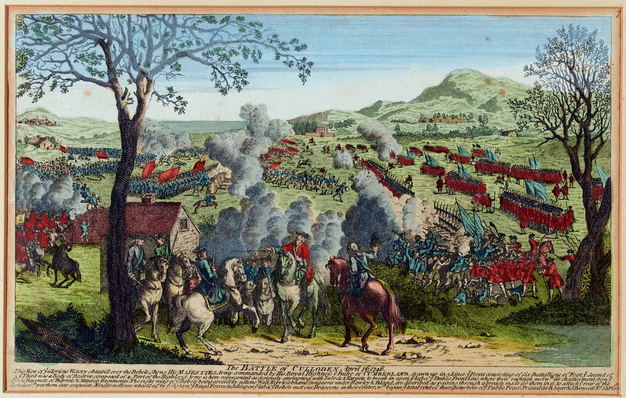 Cullodenin taistelu 16. huhtikuuta 1746. (kaiverrus, värillinen) tekijältä Unknown artist