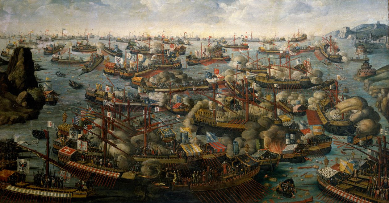 Lepanton taistelu, 7. lokakuuta 1571, 1500-luvun loppupuoli (öljy kankaalle). tekijältä Unknown artist