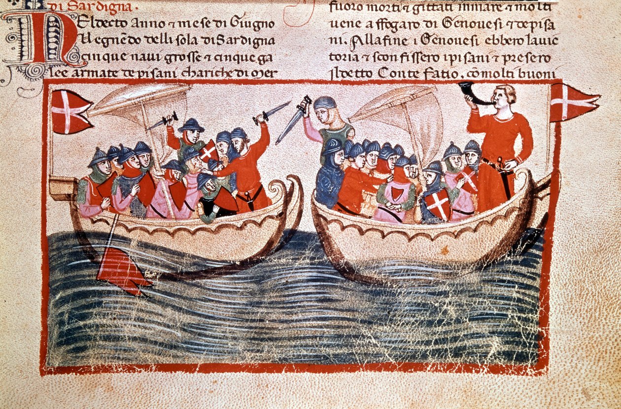 Melorian taistelu, joka huipentuu Genovan Korsikan miehitykseen. 1284. Käsikirjoitus. Biblioteca Vaticana tekijältä Unknown artist