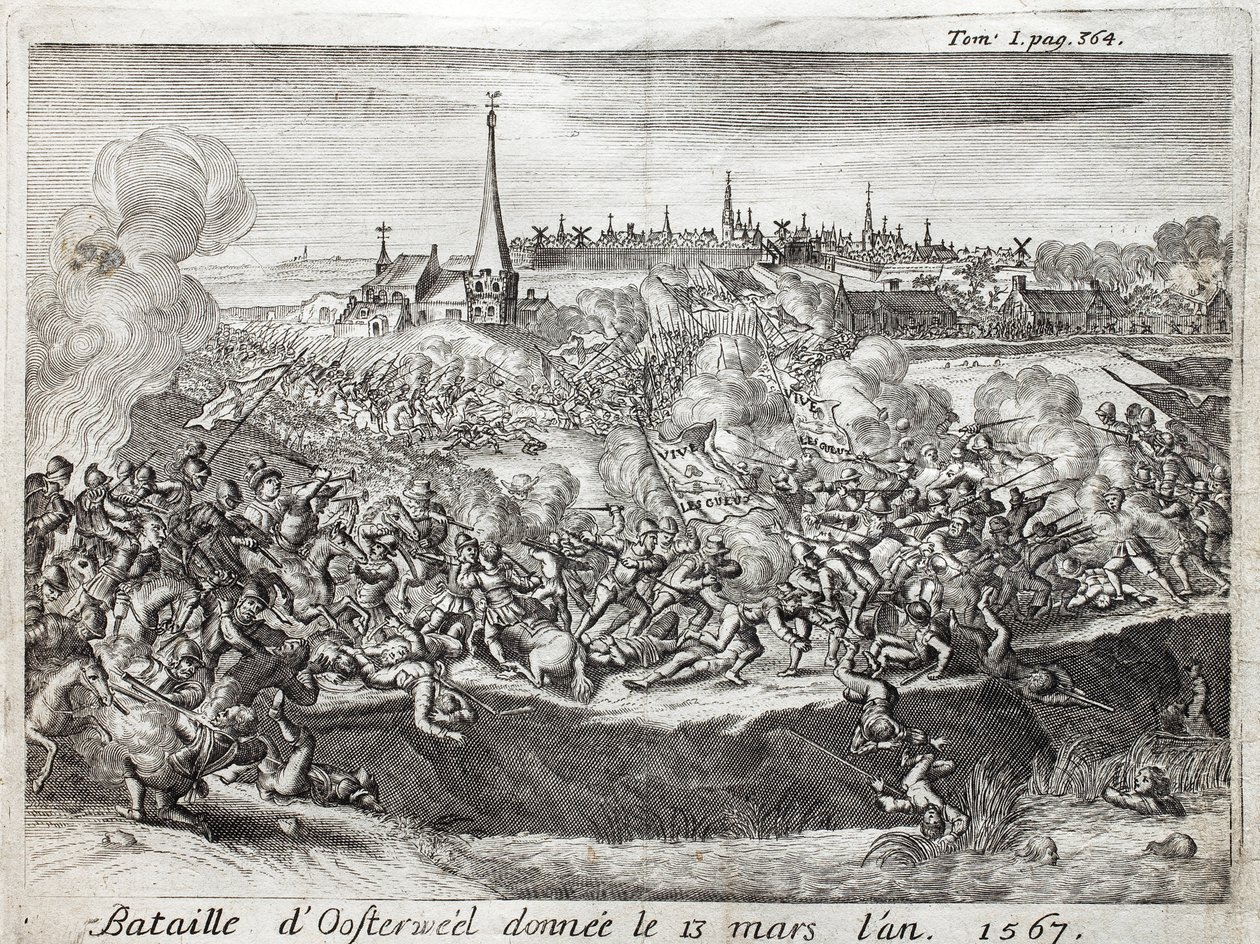 Oosterweelin taistelu (Alankomaat, Alankomaat), pidettiin 13. maaliskuuta 1567, kahdeksankymmenen (80) vuoden sodan (1567-1648) ensimmäinen yhteenotto. Kaiverrus "Flanderin sodan historiaa", kirjoittanut Flamianus Strada, painos Joseph T