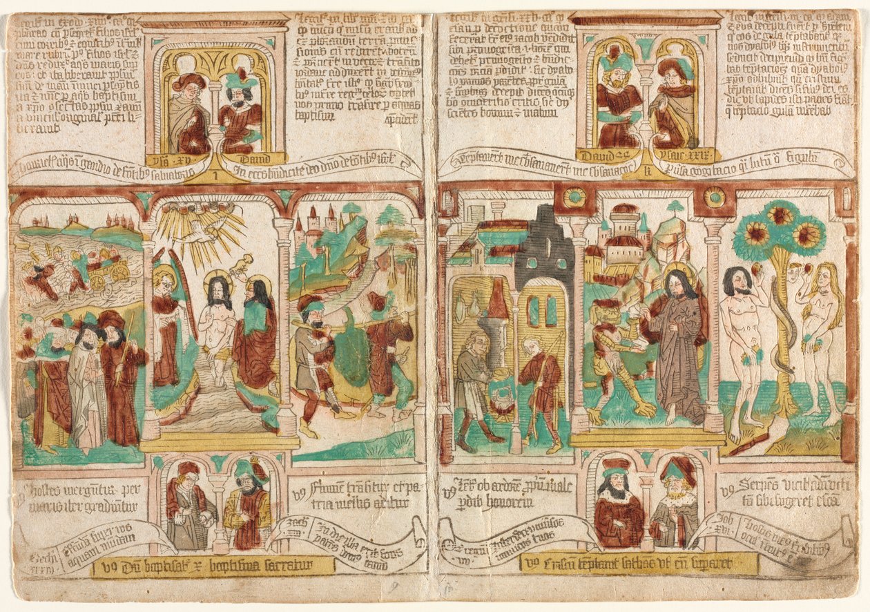 Köyhien raamattu (Biblia Pauperum), Faraon armeija hukkui Punaiseen mereen; Kristuksen kaste; ja Mooseksen vakoojia, jotka palaavat rypäleiden kanssa Kanaanista Esau myy Jaakobille syntymäoikeutensa; Kristuksen kiusaus; ja Aadamin ja Eevan kiusaus tekijältä Unknown artist