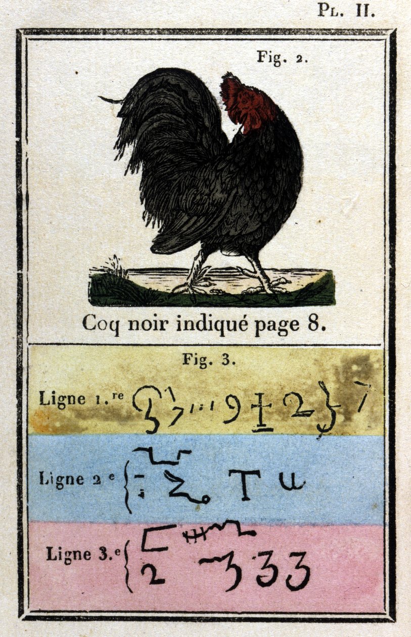 Musta Kukko. Paavi Honorius Grimoire kutsui demoneja. Ed. vuodelta 1760. tekijältä Unknown artist
