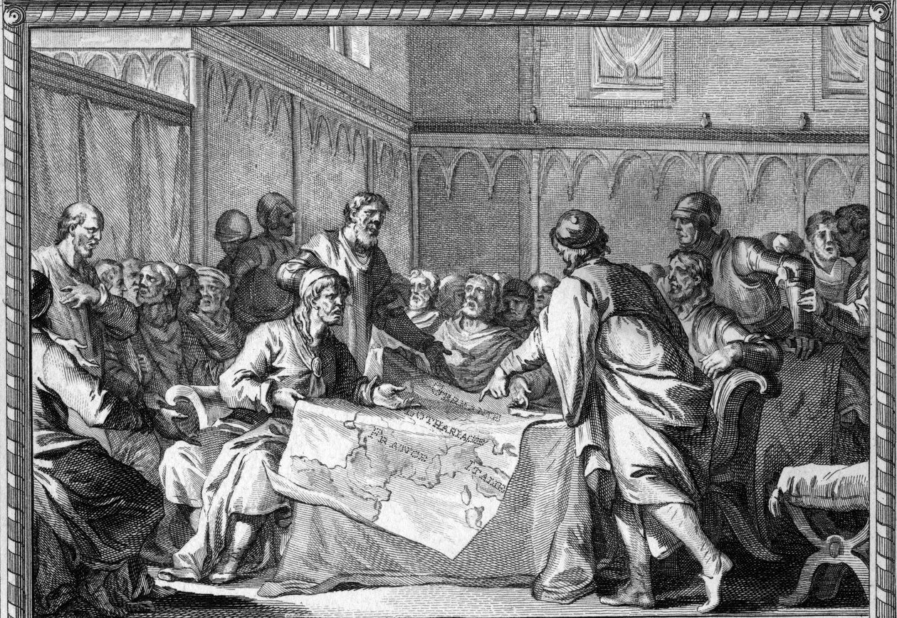 Karolingien valtakunta jaettiin Ludvig hurskaan kolmen pojan: Lothaire I:n, Louis Germaanisen ja Kaarle Kaljuun kesken Verdunin sopimuksen (843) mukaan. Kaiverrus 1700-luvulta. tekijältä Unknown artist