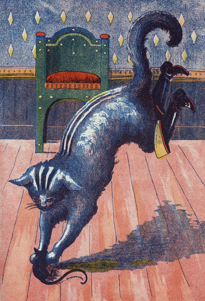 Kissa heittää ogre-muutoksia hiireksi. Kuvitus "" Le chat Botte" -kirjaan, ranskalaisen kirjailijan Charles Perrault