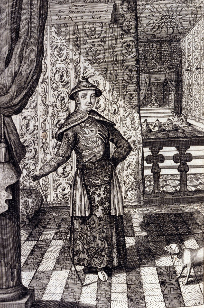 Kiinan keisari ja tataarien korkein hallitsija - Kiinan keisari Kangxi (1652-1722) Qing-dynastia, Athanasius Kircherin (1601-1680) kaiverrus "" China Monumentis, qua sacris qua profanis"" 1667 - Kiinan keisari165 K2angxi -1722) Qing-dynastia, tekijältä Unknown artist