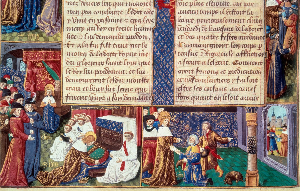 Kuningas Ludvig IX:n (1214-1270) (Pyhä Ludvig) kristilliset hyveet (kuten hurskaus ja omistautuminen): vasemmalla kuningas syleilee krusifiksia, oikealla hän vastaanottaa Vanhan vuoren. Miniatyyri käsikirjoituksesta "Tosiasioiden kirja Monsignor Saint Loui tekijältä Unknown artist