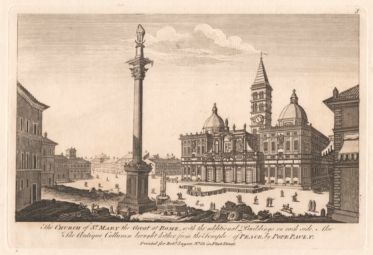 Pyhän Marian Suuren kirkko Roomassa, lisärakennukset molemmilla puolilla; Myös Antiikin pylväs, jonka paavi Paavali V. toi tänne Rauhan temppelistä tekijältä Unknown artist