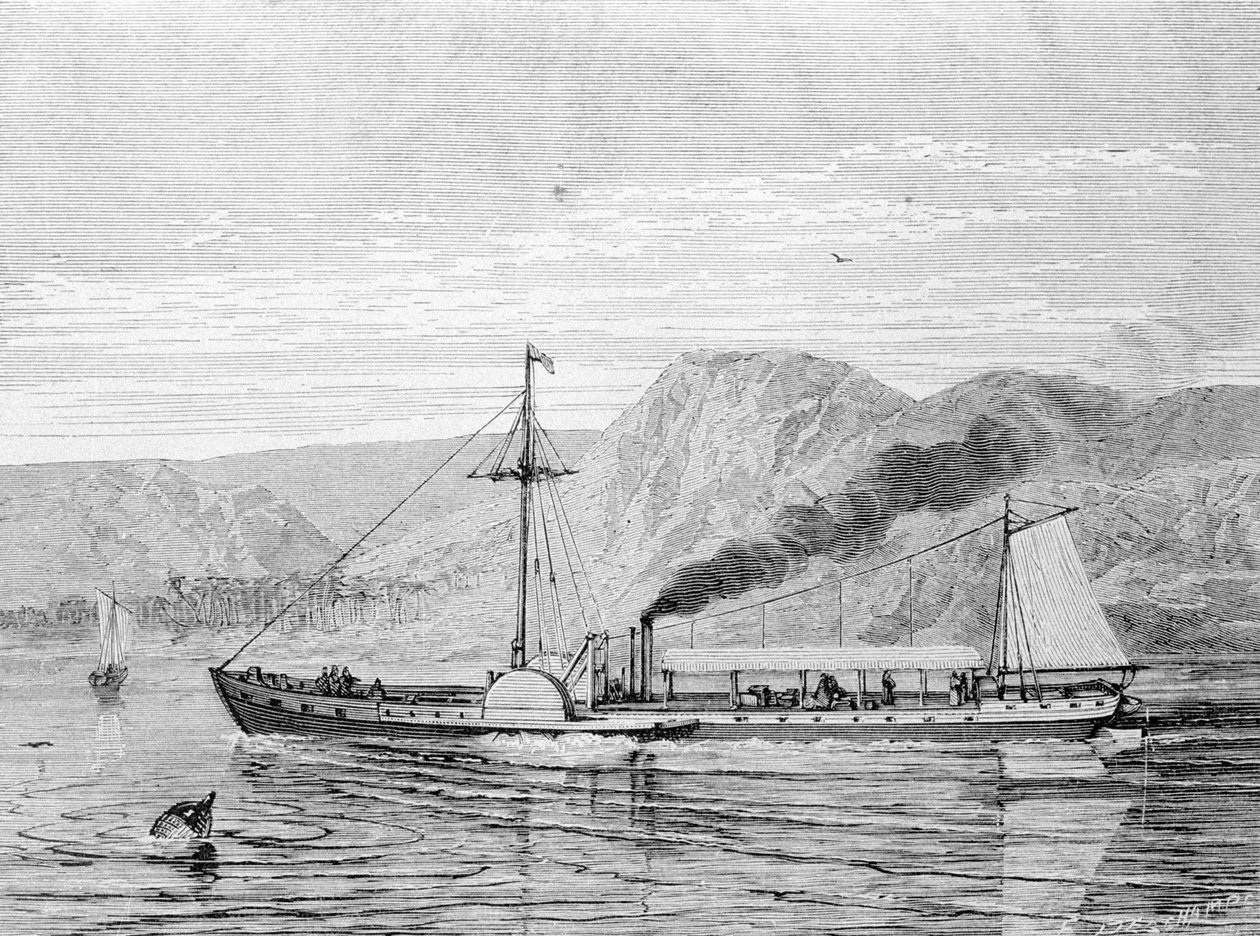 Clermont, Robert Fultonin (1765 - 1815) vuonna 1807 rakentama vene, joka tarjoaa New Yorkin ja Albanyn välisen yhteyden Hudson-joella. Kaiverrus 1800-luvulta. tekijältä Unknown artist