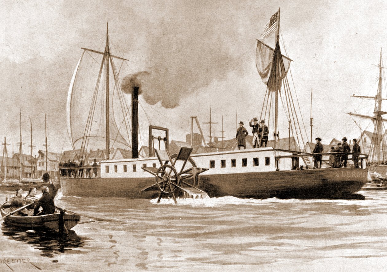 Clermont, Robert Fultonin (1765 - 1815) vuonna 1807 rakentama vene, joka tarjoaa New Yorkin ja Albanyn välisen yhteyden Hudson-joella. Kaiverrus 1800-luvulta. tekijältä Unknown artist