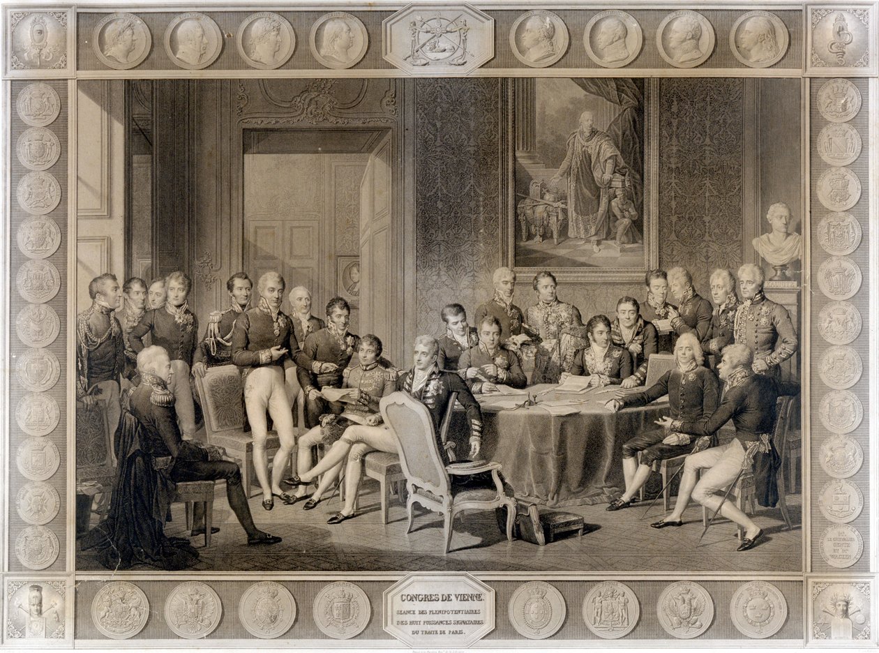 Wienin kongressi. Wienin kongressi vuonna 1815. Aleksanteri I, tsaari; H.R. Stewart, Castlereagh; Francois I, Itävallan keisari; Frederik Vilhelm III, Preussin kuningas; Karl August, Hardenberghin prinssi; Wilhelm von Humboldt (William of Humboldt tekijältä Unknown artist