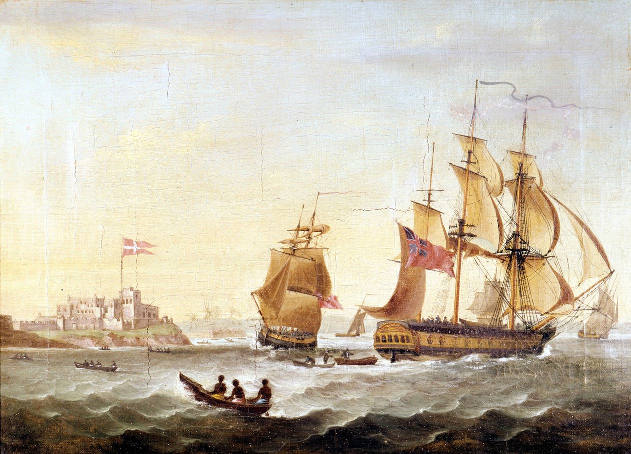 Tanskalainen Cristianborgin tukikohta, joka rakennettiin vuonna 1659 Guineen rannikolle, joka on liikenteen keskus. tekijältä Unknown artist