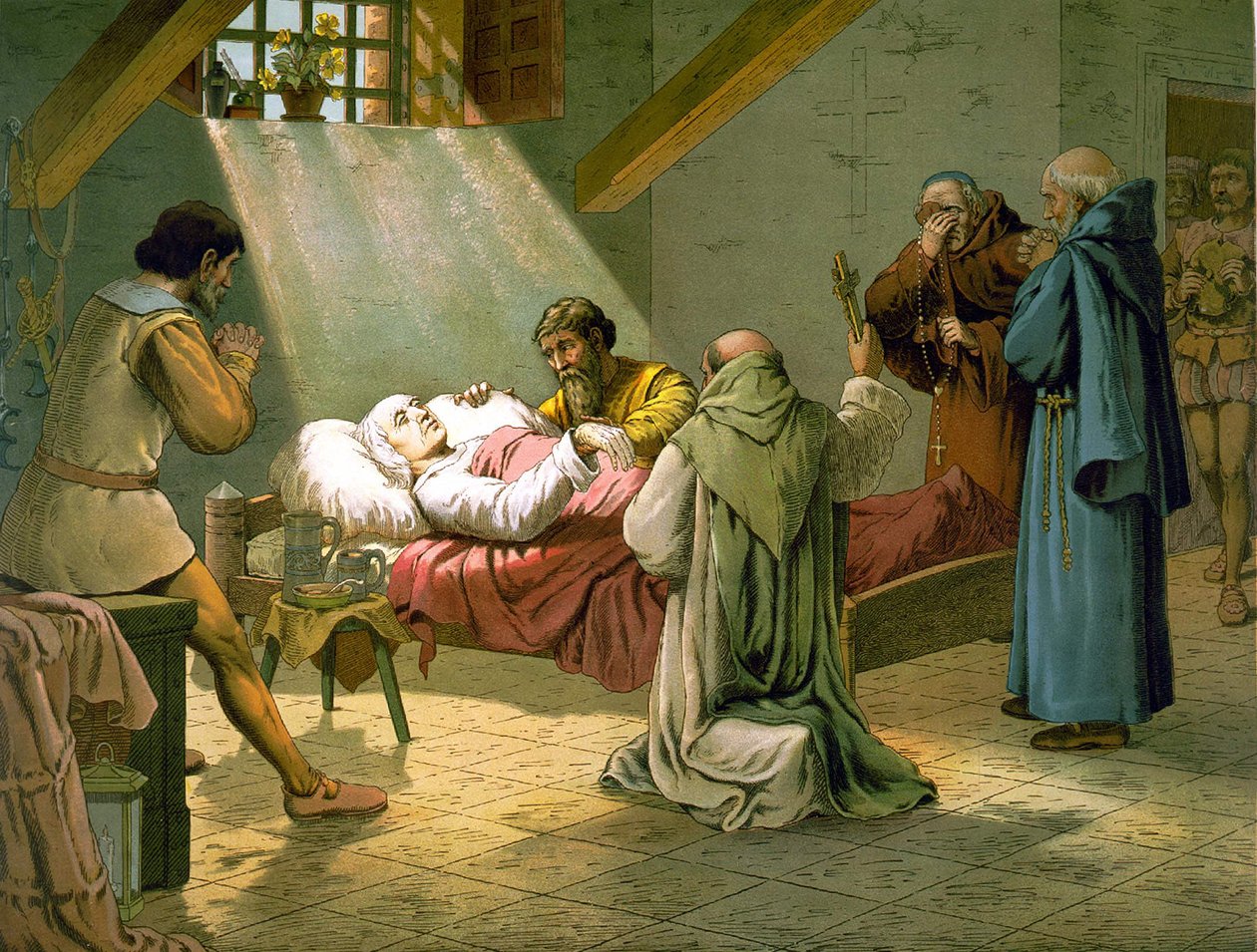 Kristoffer Kolumbuksen kuolema 20.5.1506. Värikaiverrus 1800-luvulta. tekijältä Unknown artist