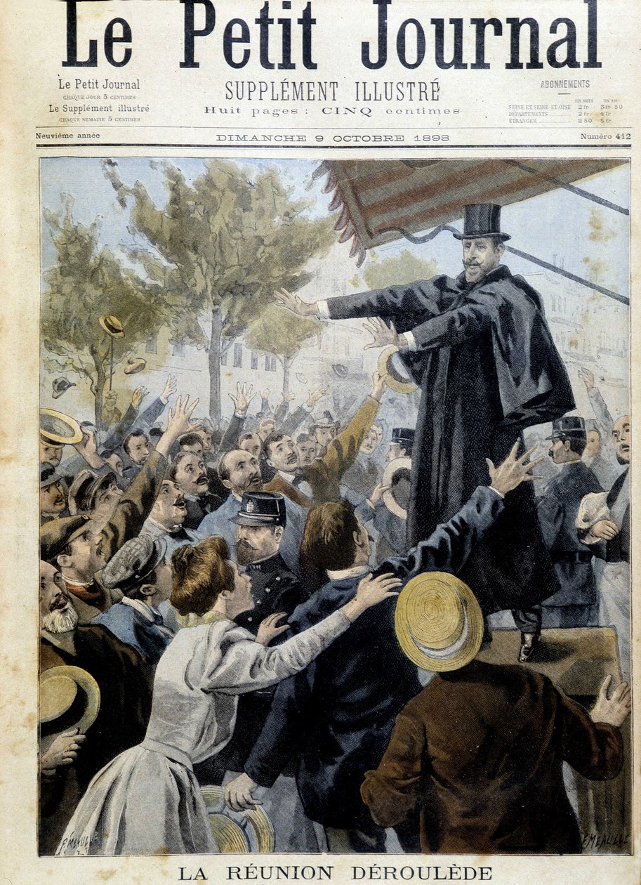 Derouleden kokous. Paul Derouleden (1846-1914), yhden League of Patriotesin perustajista, puhe - "Petity Journal" -lehdessä lokakuussa 1898 tekijältä Unknown artist