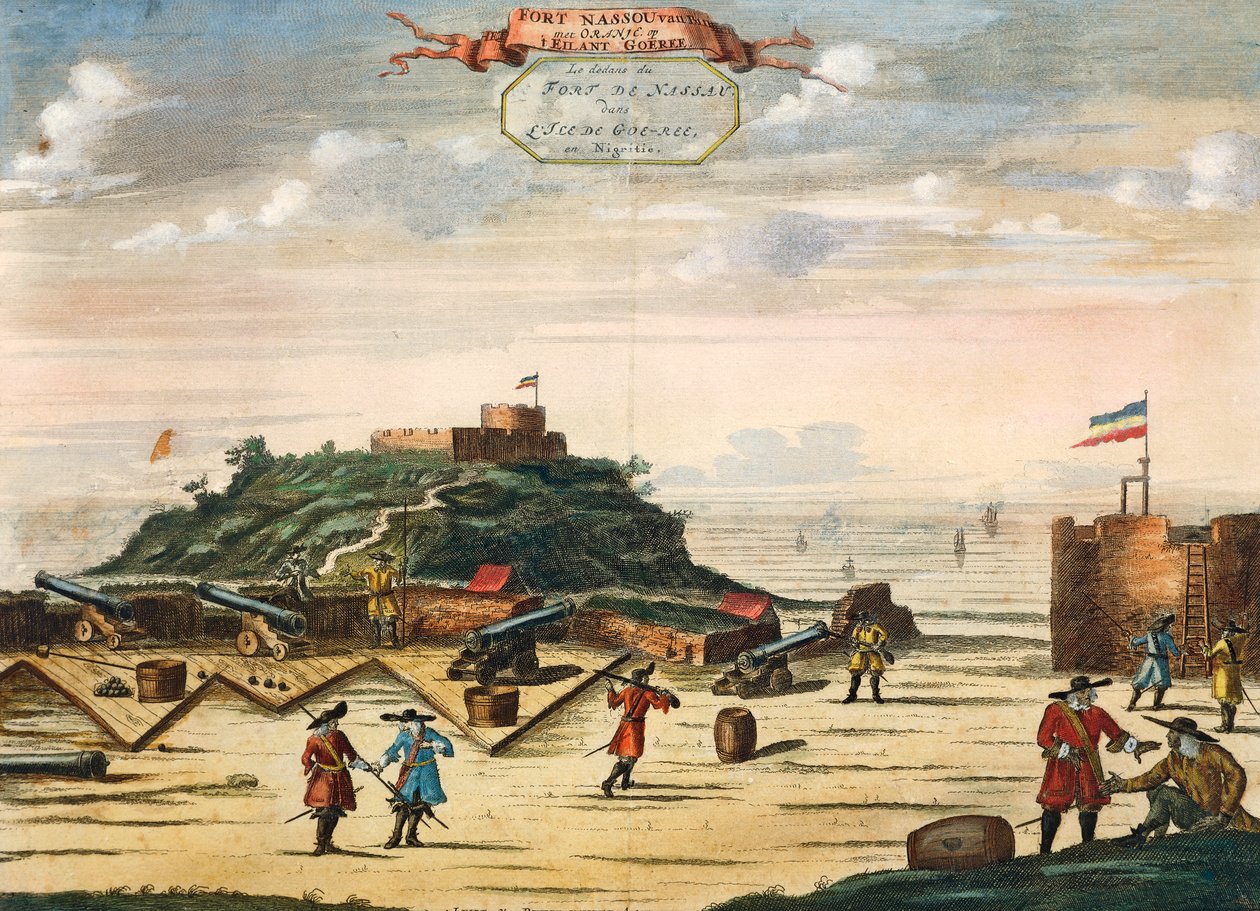 Nassaun hollantilainen linnoitus Goreen saarella Senegalissa, kaiverrus. Afrikka tekijältä Unknown artist