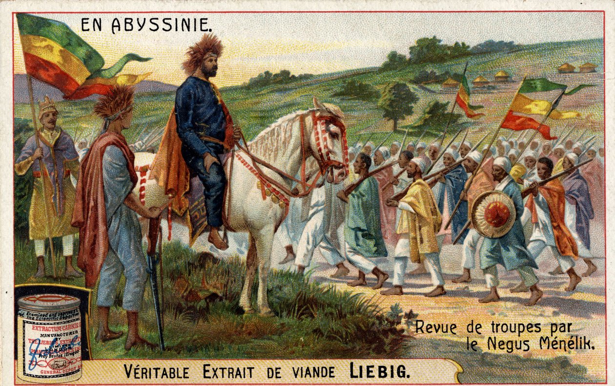 Abessinian keisari, "Negus" Menelik II (1844-1913) arvioi joukkojaan. 1800-luvun kromolitografia. tekijältä Unknown artist