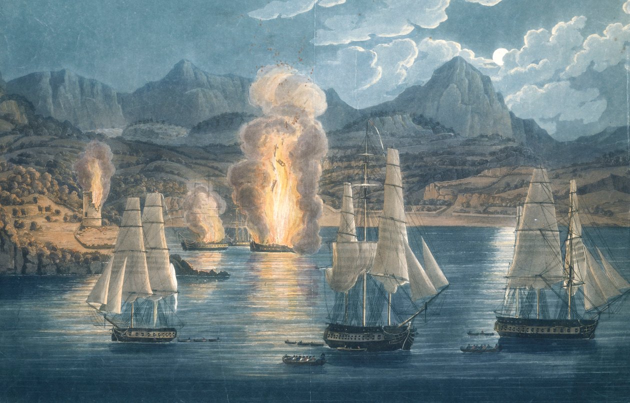 Englantilaiset tuhoavat ranskalaisia aluksia Sagonen lahdella Korsikalla 30. huhtikuuta 1811 (värillinen akvatintta). tekijältä Unknown artist