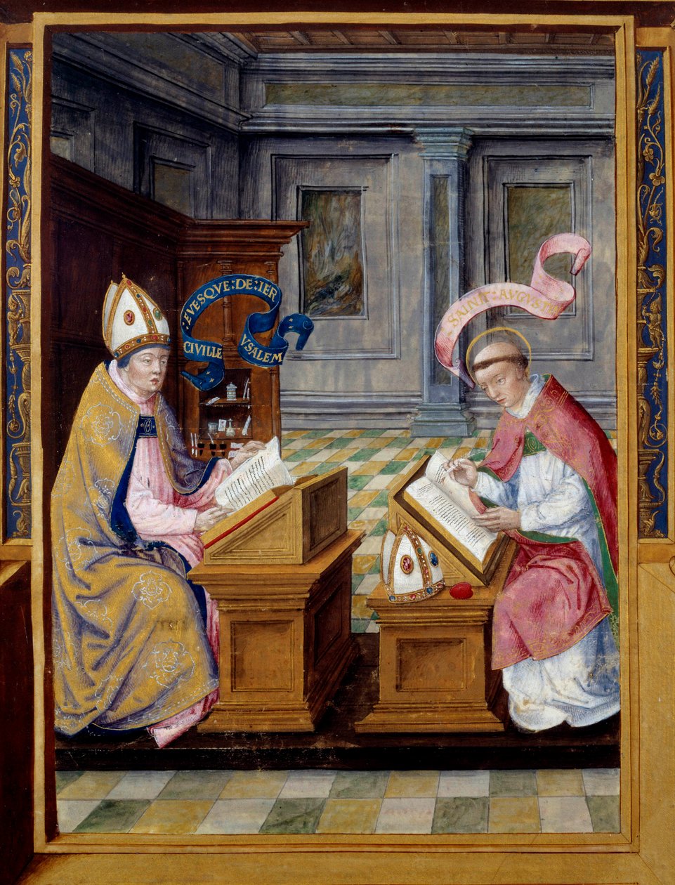 Jerusalemin Eveque Pyhän Kyrilloksen (315-386) ja Pyhän Augustinuksen (354-430) miniatyyri 1500-luvun pergamentilla. Ecouen, kansallinen renessanssimuseo tekijältä Unknown artist