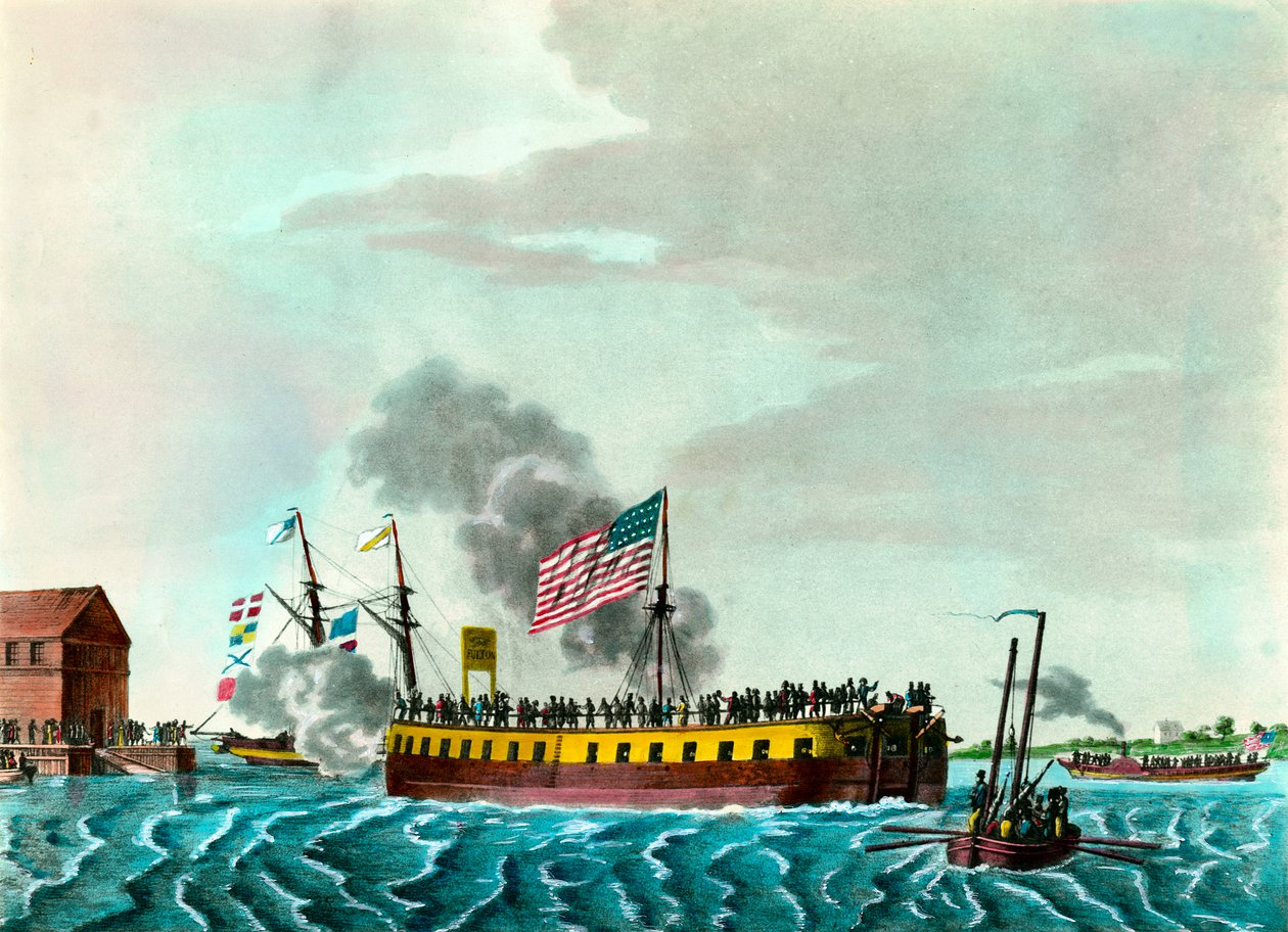 Fulton Steam Fregate "Manoeuvring New Yorkin satamassa Yhdysvalloissa" Kaiverrus noin 1807 Yksityinen kokoelma tekijältä Unknown artist