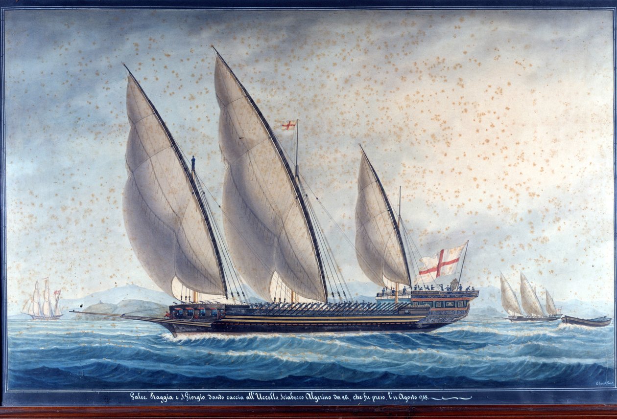 Genovan keittiöt Raggia ja San Giorgio jahtaavat algerialaista chebec Uccelloa. 11. elokuuta 1788. Maali tekijältä Unknown artist