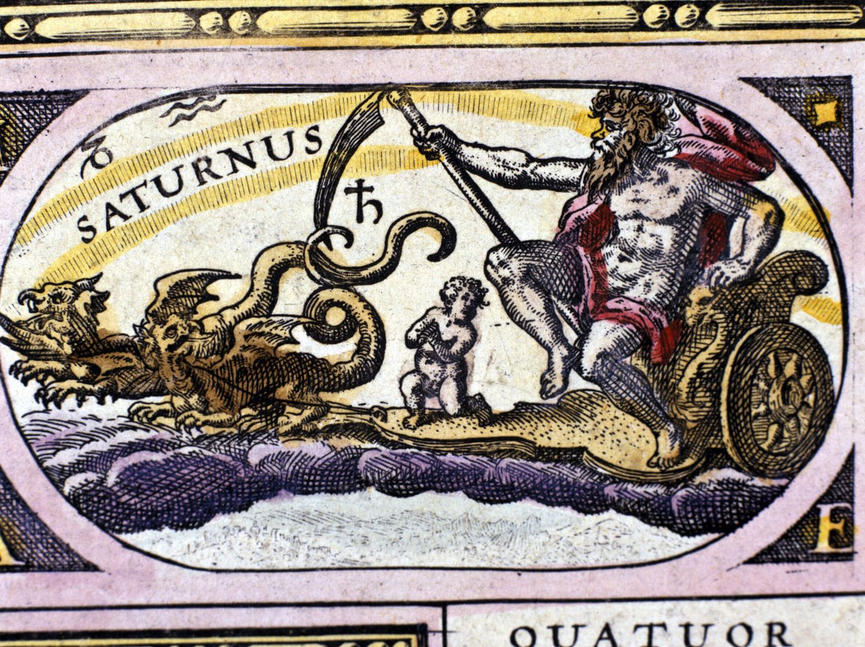Saturnusjumala (Cronos) kahden lohikäärmeen piirtämässä tankissa. tekijältä Unknown artist