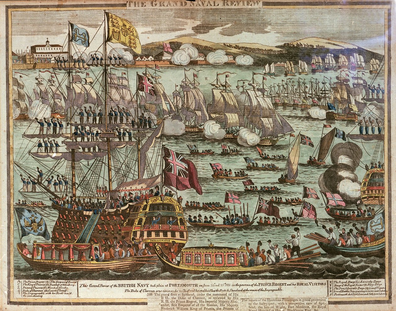 The Grand Naval Review. Tämä Britannian laivaston suuri katselmus pidettiin Portsmouthissa 24. ja 25. kesäkuuta 1814 prinssi regentin ja hänen kuninkaallisten vieraidensa läsnä ollessa, noin 1814 (värillinen etsaus). tekijältä Unknown artist