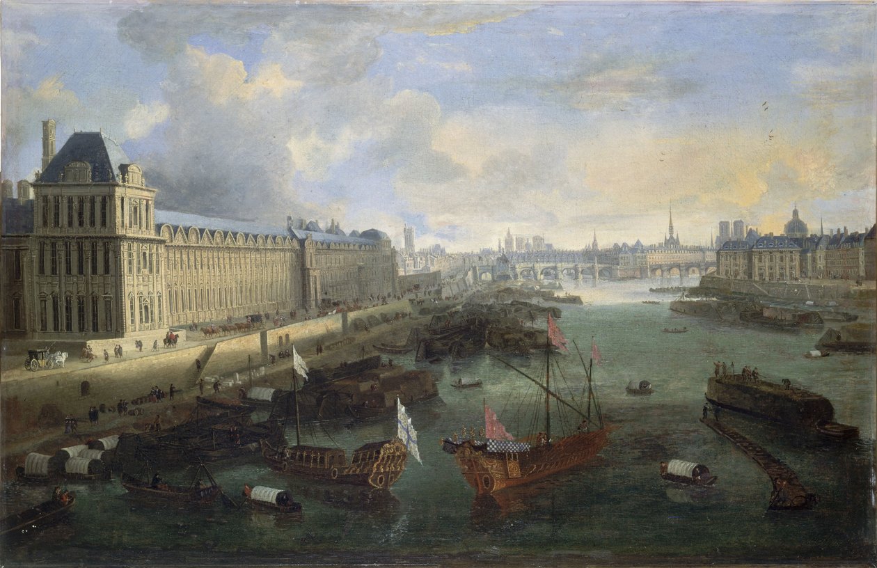 Louvren Grande Galerie, Pont-Neuf, Cité, Collège des Quatres-Nations, n. 1670 Seinen varrella, kuninkaallinen kaleeri, vuosien 1670 ja 1685 välillä (öljy kankaalle). tekijältä Unknown artist