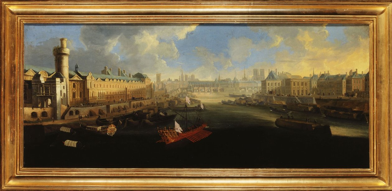 Louvren Grande Galerie, jossa on Porte Neuve, Pont-Neuf, Cité, rakenteilla oleva Collège des Quatres-Nations ja Quai Malaquais, noin 1665, vuosien 1665 ja 1670 välisenä aikana (öljy kankaalle). tekijältä Unknown artist