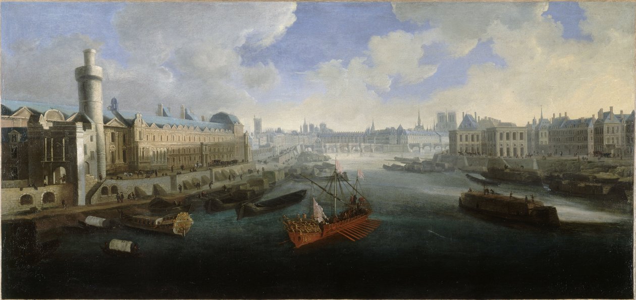 Louvren Grande Galerie, jossa on Porte Neuve, Pont-Neuf, Cité, rakenteilla oleva Collège des Quatres-Nations ja Quai Malaquais, noin vuonna 1665. Kuninkaallinen kaleeri Seinen varrella vuosina 1660-1670 (öljy kankaalle). tekijältä Unknown artist