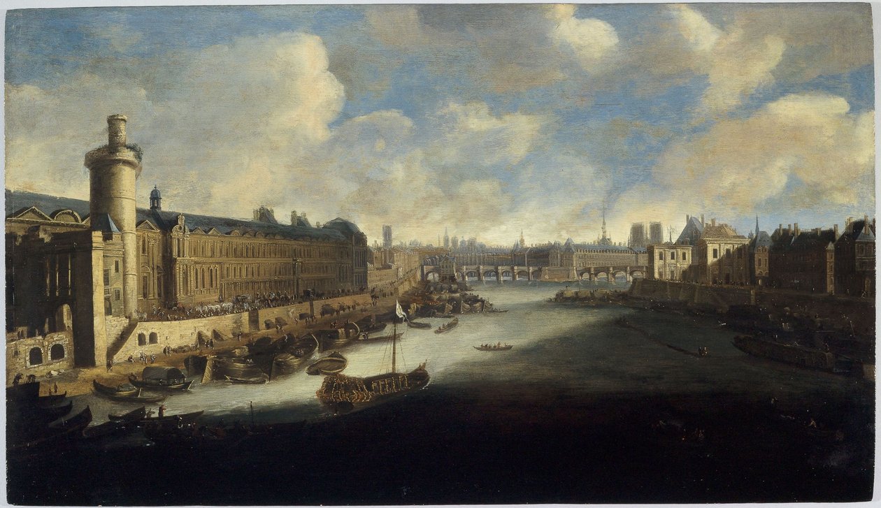 Louvren Grande Galerie, jossa on Porte Neuve, Pont-Neuf, Cité, rakenteilla oleva Collège des Quatres-Nations ja Quai Malaquais, noin vuonna 1665. Kuninkaallinen kaleeri Seine-joella vuosina 1660-1670 (öljy puulle). tekijältä Unknown artist