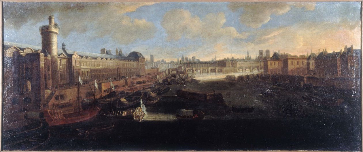 Louvren Grande Galerie, jossa Porte Neuve, Pont-Neuf, Cité, rakenteilla oleva Collège des Quatres-Nations ja Quai Malaquais, noin 1665, Seinen varrella Kuninkaallinen kaleeri, nykyiset 1. ja 6. arrondissementit, vuosina 1660-160. tekijältä Unknown artist