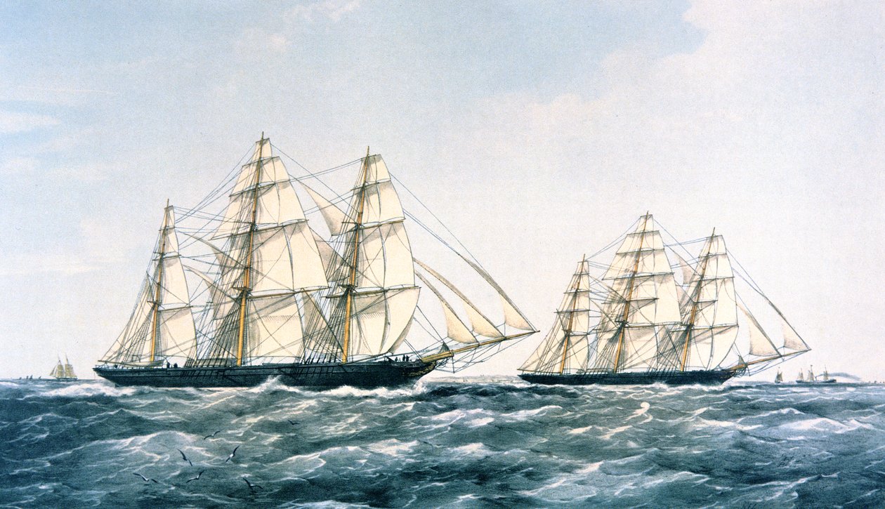 Great Clipper Ship Race 1866 Arielin ja Taepingin välillä tuoden uuden teesadon Kiinasta Lontooseen (värilitho) tekijältä Unknown artist
