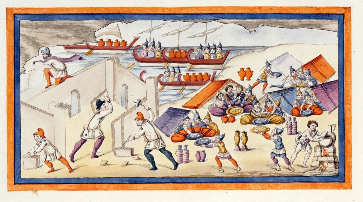 Kreikkalaiset alkoivat kaivaa valtiaa suojellakseen kasarmejaan ja laivojaan. Iliad. Laulu VII. Kaiverrus 1700-luvun lopulta. tekijältä Unknown artist