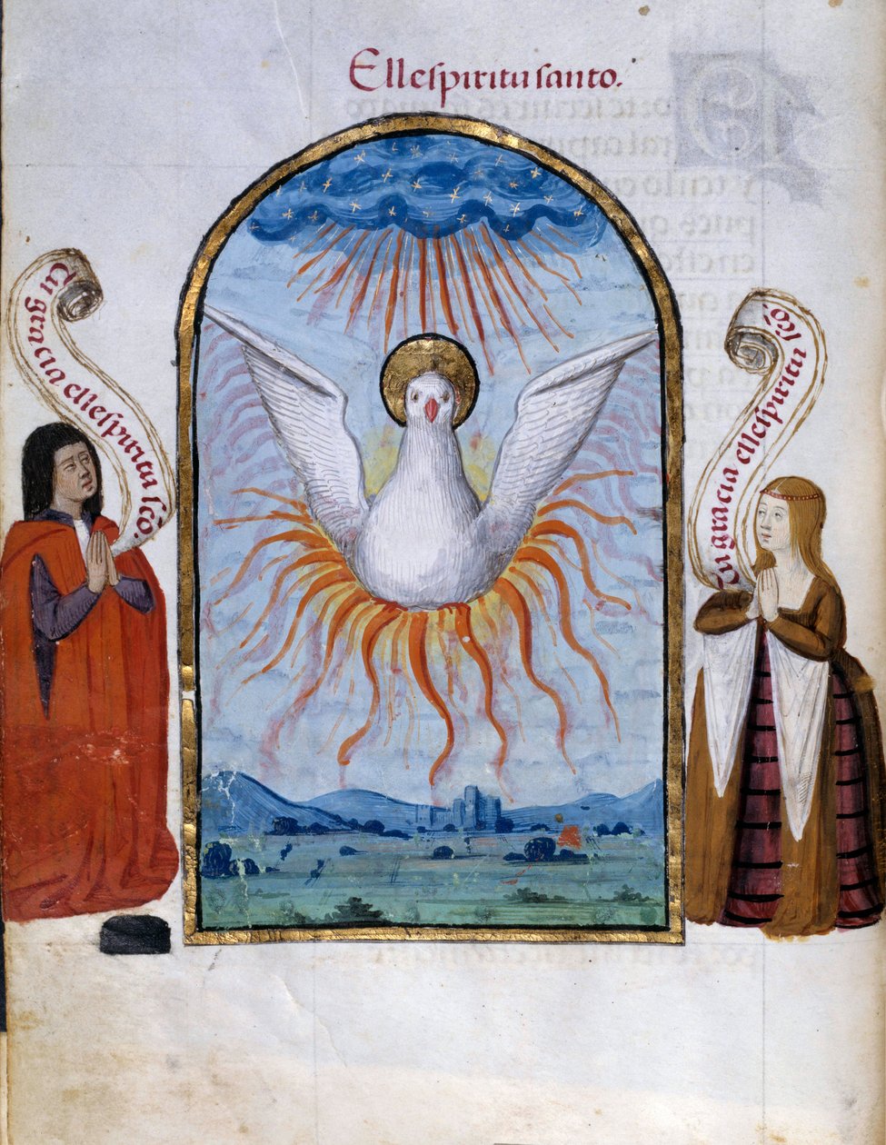 Pyhän Hengen käsikirjoitussivu, joka on otettu Pedro Marcuellon "" Espanjan kuningatar Joan Follen (1479-1555) omistautumisen kokoelmasta" ("Kuningatar Da Juanan hartaus, jota he kutsuivat hulluksi naiseksi") 1400-luvun su . ... 0,21 x 0,14 m Chantilly, Mu tekijältä Unknown artist