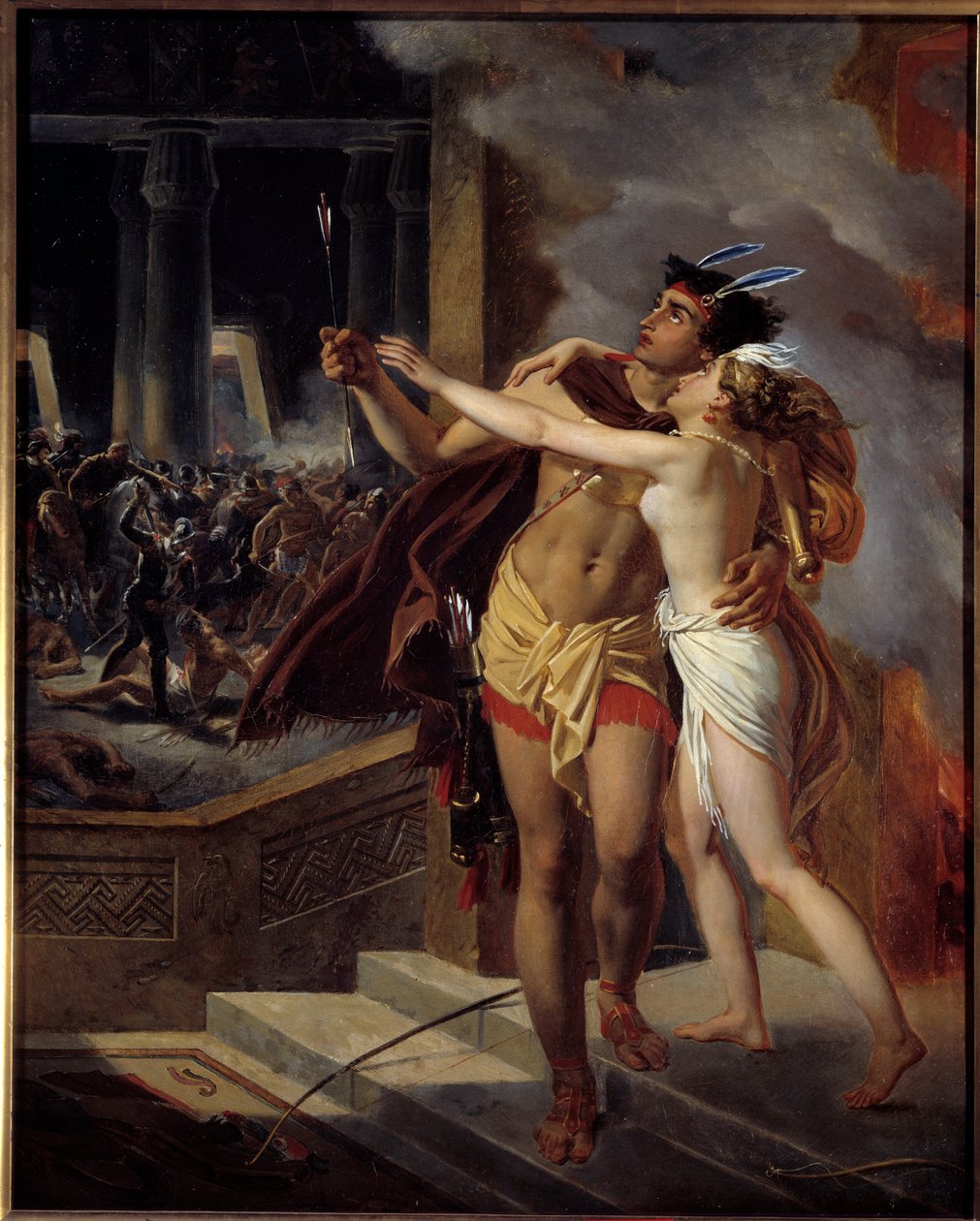 Inkat tai espanjalaisten valloittajien 1500-luvulla tuhoaman Peroun inka-imperiumin tuho. Kuvitus filosofi Jean Francois Marmontelin romaanin "Inkat" mukaan. Anonyymin koulun maalaus. 1700-luvulla. La Rochel tekijältä Unknown artist