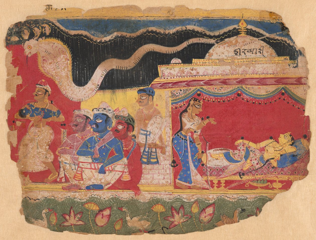 Krishna-lapsi, jonka Vasudev on vienyt pois, eräästä hajallaan olevasta Bhagavat Puranan kopiosta. tekijältä Unknown artist