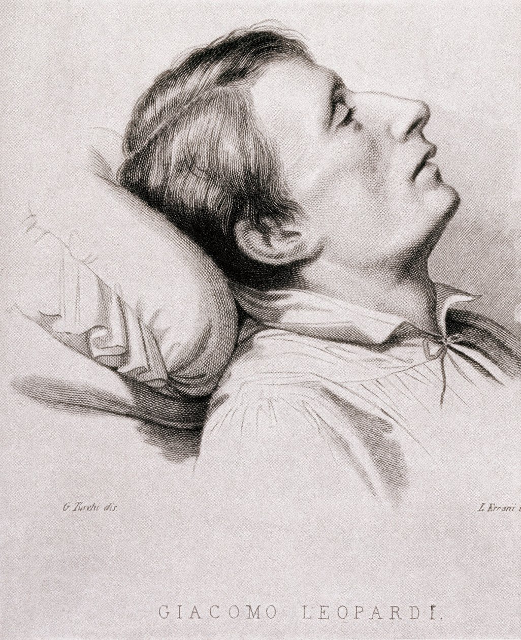 Italialainen runoilija Giacomo Leopardi (1798-1837) kuolinvuoteellaan. Kaiverrus 1800-luvulta tekijältä Unknown artist