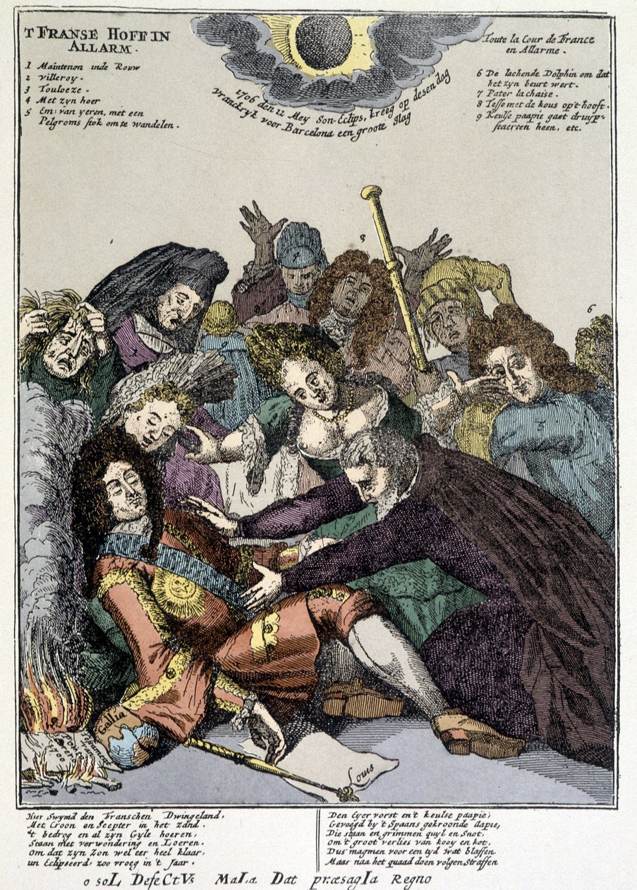 Kuningas pyörtyi ja hovimiehet piirittivät hänet, surivat: pilkkaa Louis XIV:n käänteissä Alankomaissa ja Italiassa vuonna 1706 tekijältä Unknown artist