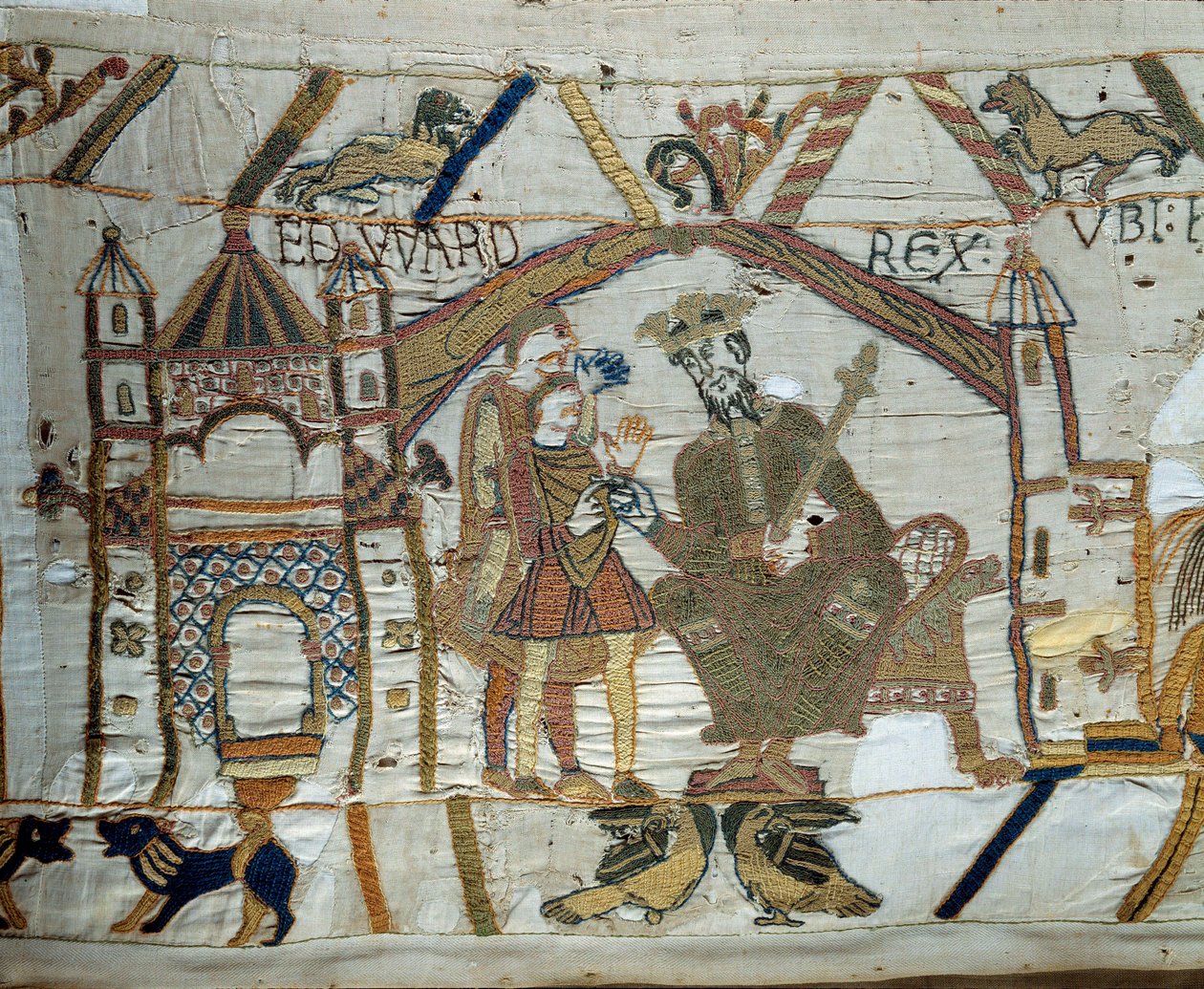 Englannin kuningas Edward Tunnustaja kehottaa Haroldia menemään ja vahvistamaan Normandian herttua William Valloittajalle (1027-1087), että hän on hänen seuraajansa Englannin valtaistuimelle. Yksityiskohta Bayeux