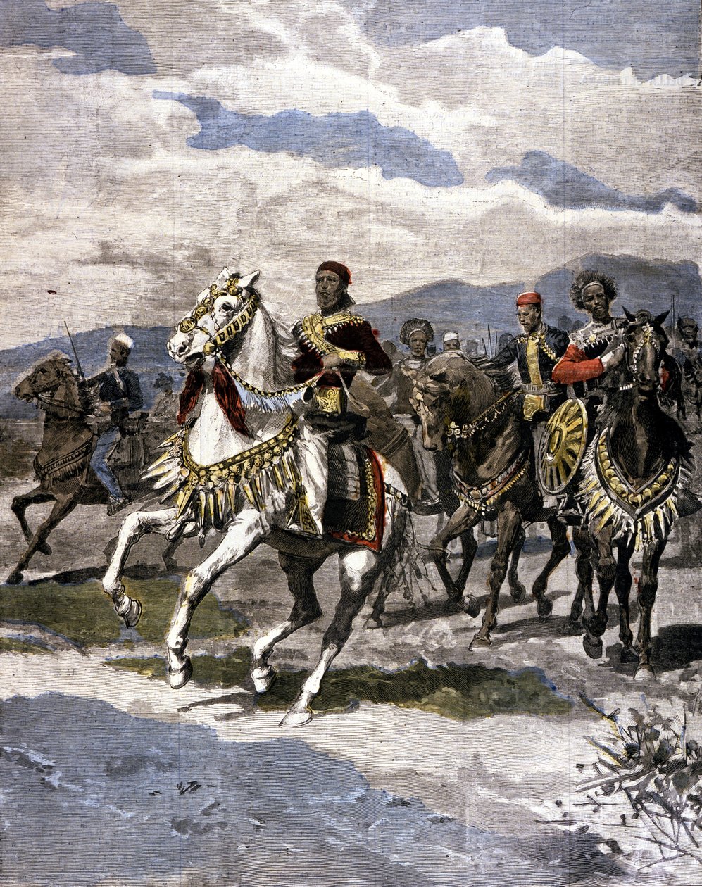 Etiopian kuningas Menelik II (1844-1913). Ill. Italian lehdistöstä. tekijältä Unknown artist