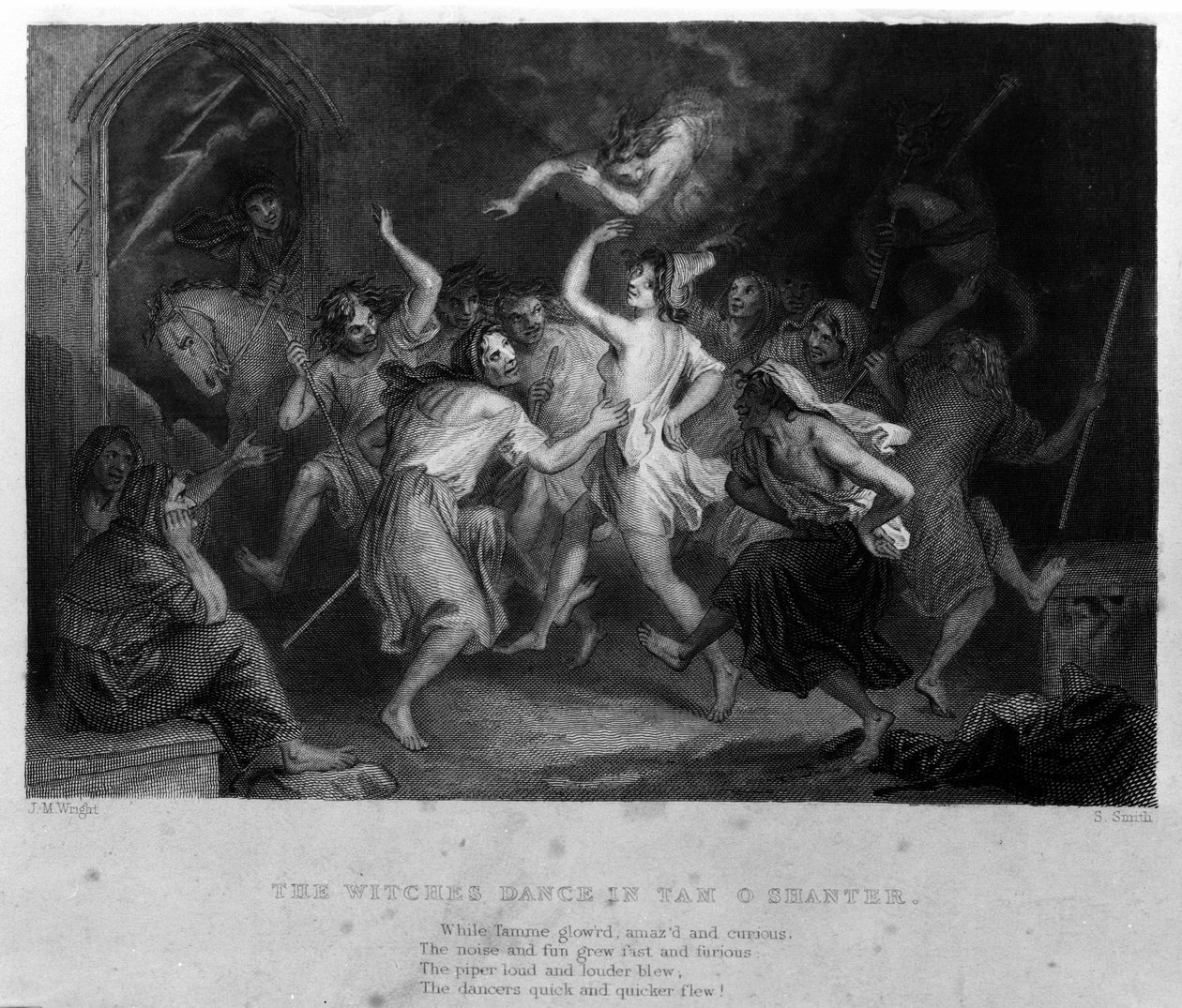 Legenda Cutty Sarkista Robert Burnsin runon jälkeen: noitien tanssi. Kaiverrus 1800-luvulta tekijältä Unknown artist