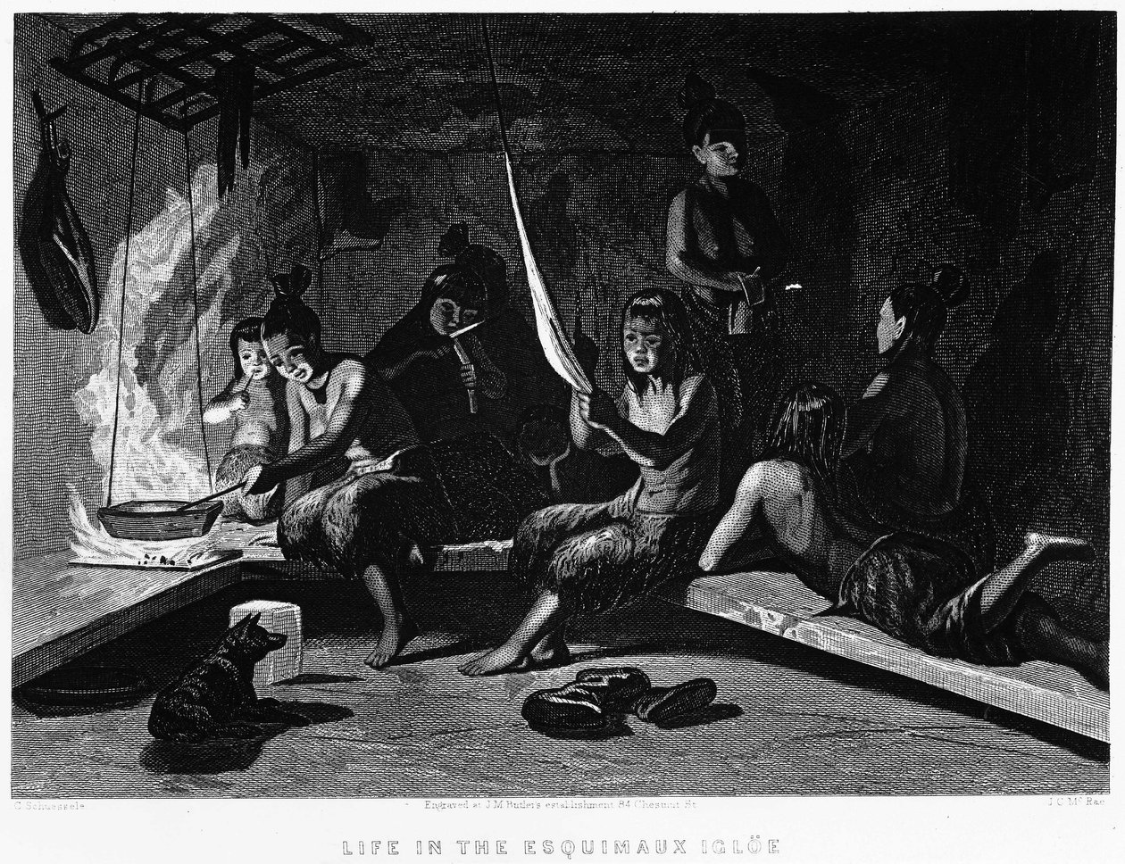 Eskimoiden elämä igloossa - Elisha Kent Kane, Artic Exploration vuosina 1853 - 1855, Philadelphia, Childs ja Peterson tekijältä Unknown artist