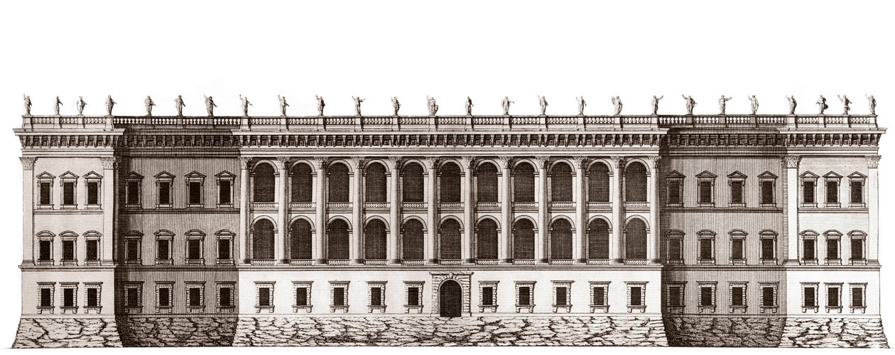 Pariisin Louvre, Gian Lorenzo Berninin projekti: Tuileriesin puoleisen pääjulkisivun korkeus - Jacques-Francois Blondelin "" Architecture francoise -arkkitehtuurista" - Cote jardin de Tuileriesin pääjulkisivun kohoaminen - Berninin projekti - kaiverrus Je tekijältä Unknown artist