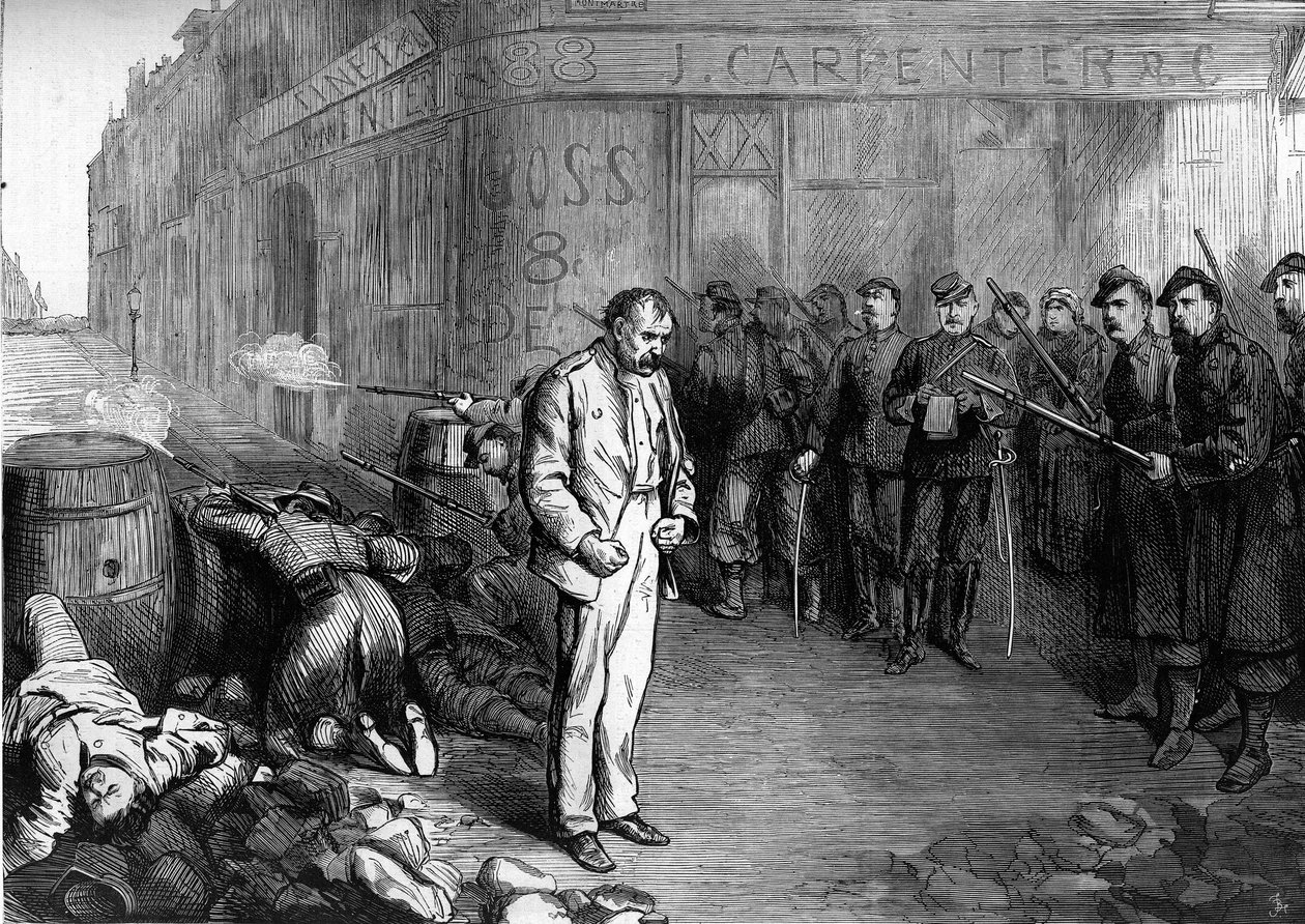 Pariisin kommuuni vuonna 1871. Montmartre- ja Aboukir-kadun kulmassa vangittu federe (communard) altistuu liittovaltioiden nostaman barrikadin tulelle. Hänen toverinsa olivat hylänneet barrikadin, hän pystyi pakenemaan, mutta hän pääsi nopeasti eroon tekijältä Unknown artist